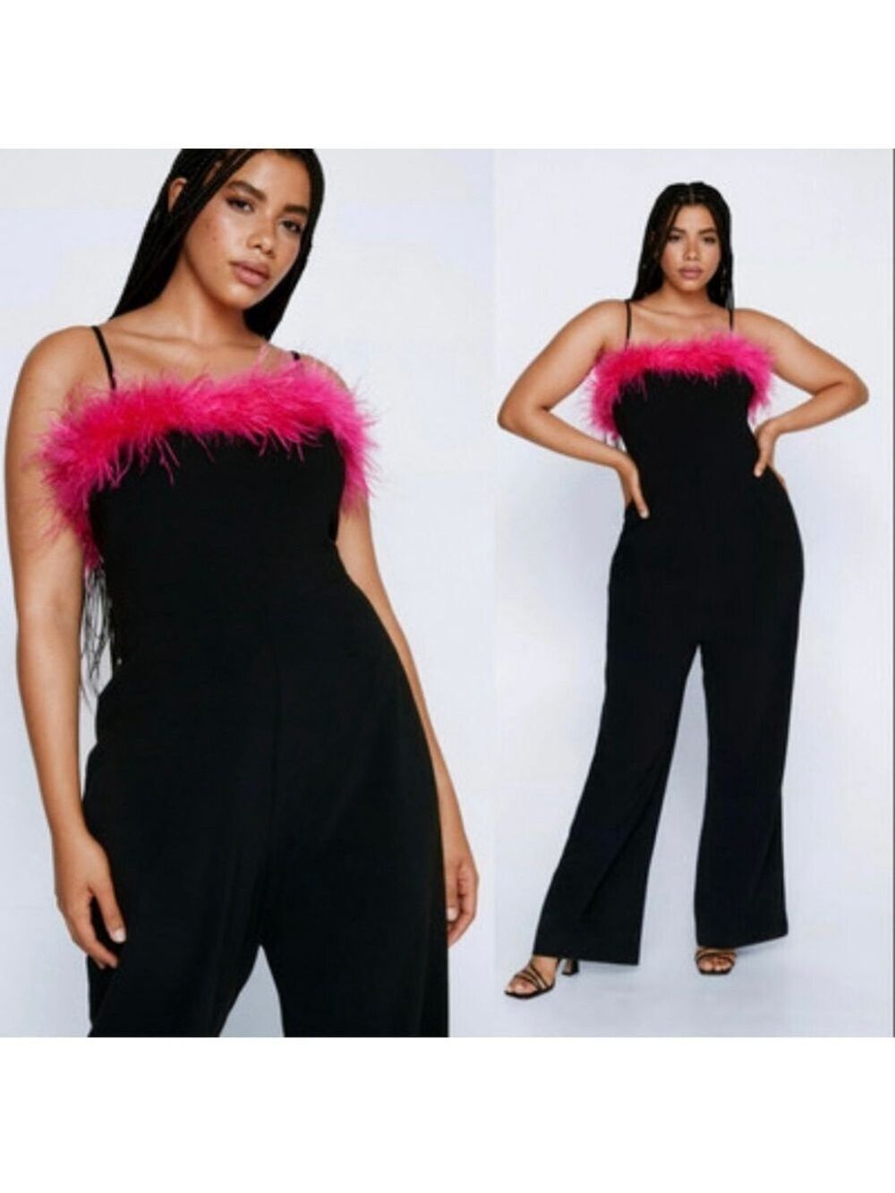 Nasty Gal Black Jumpsuit Hot Pink Feather Trim